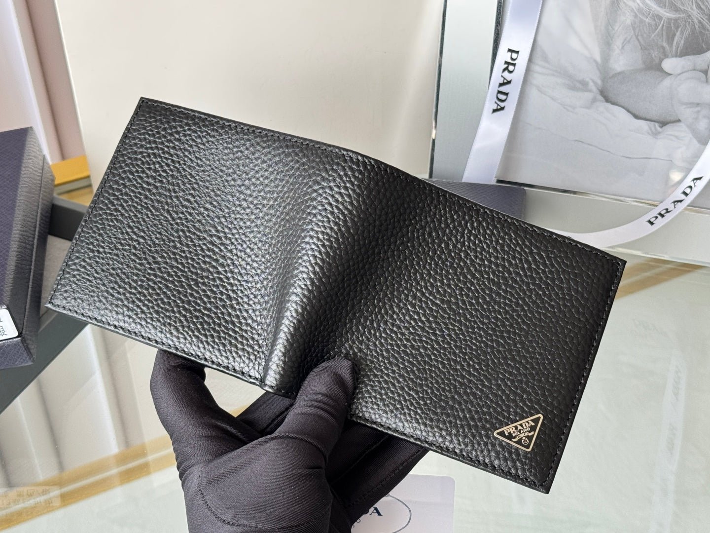 Prada Style Black Leather Bifold Wallet - Image 9