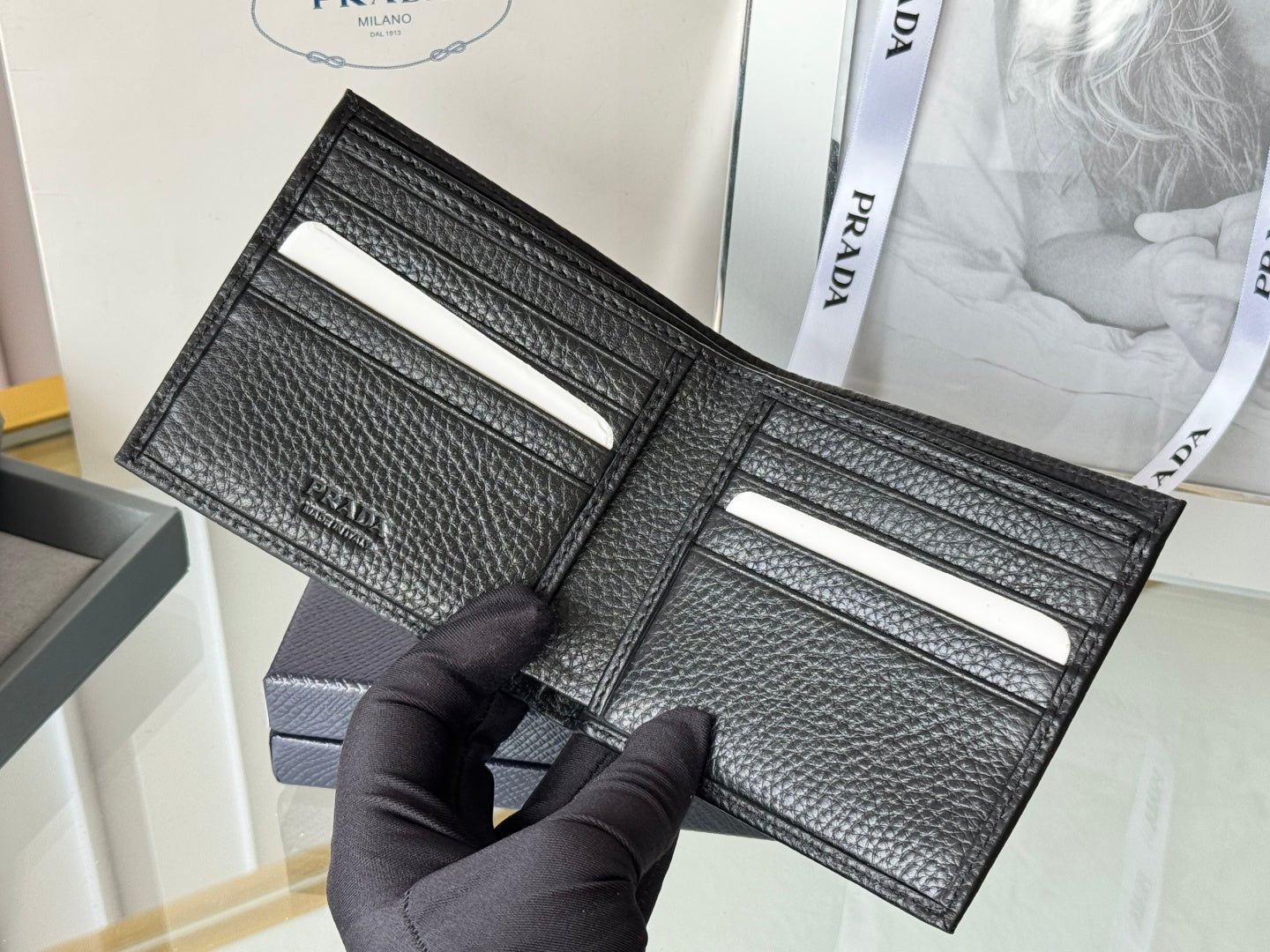 Prada Style Black Leather Bifold Wallet - Image 8