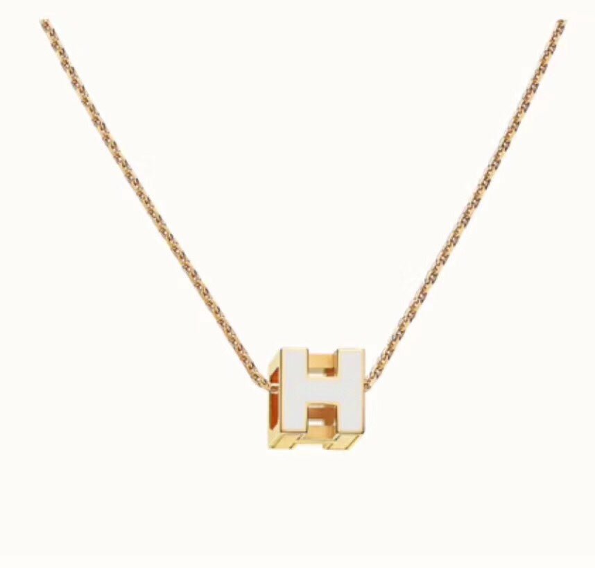 Hermès White Enamel Gold Cube H Necklace