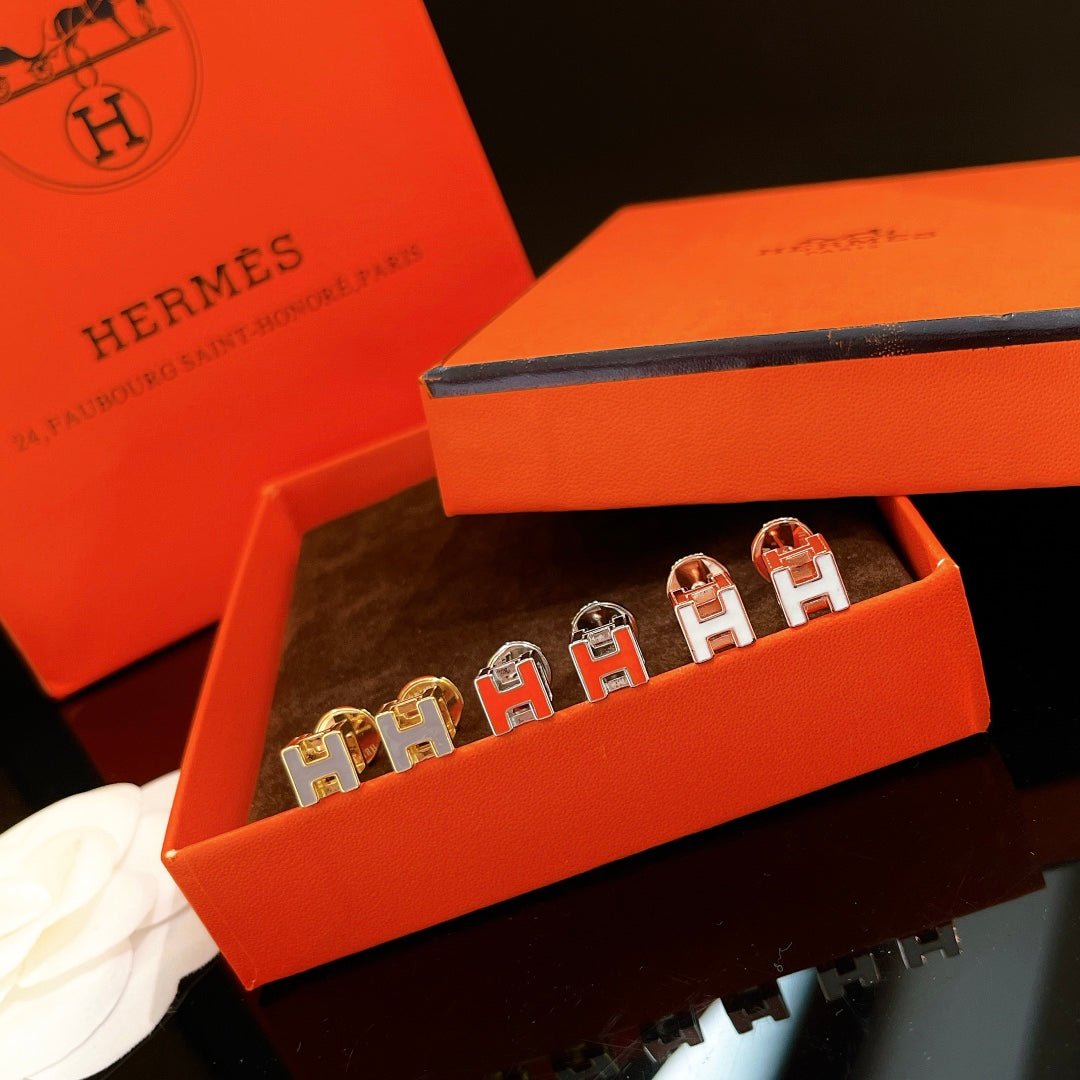 Alternative view of Hermès Rose Gold White Enamel Cube H Earrings