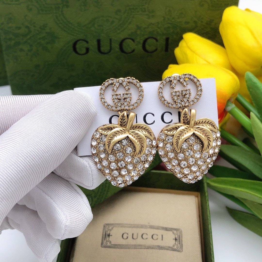 Alternative view of 18K Double Gucci Crystal Strawberry Pendant Earrings