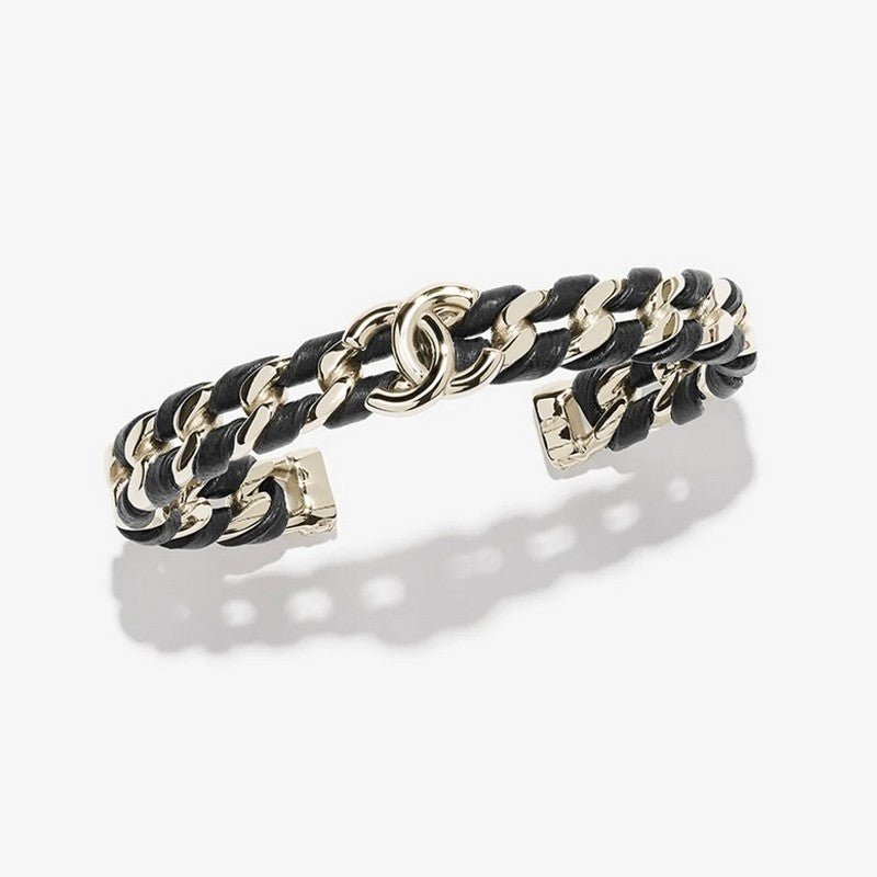Chanel Leather Metal Chain Cuff Bracelet