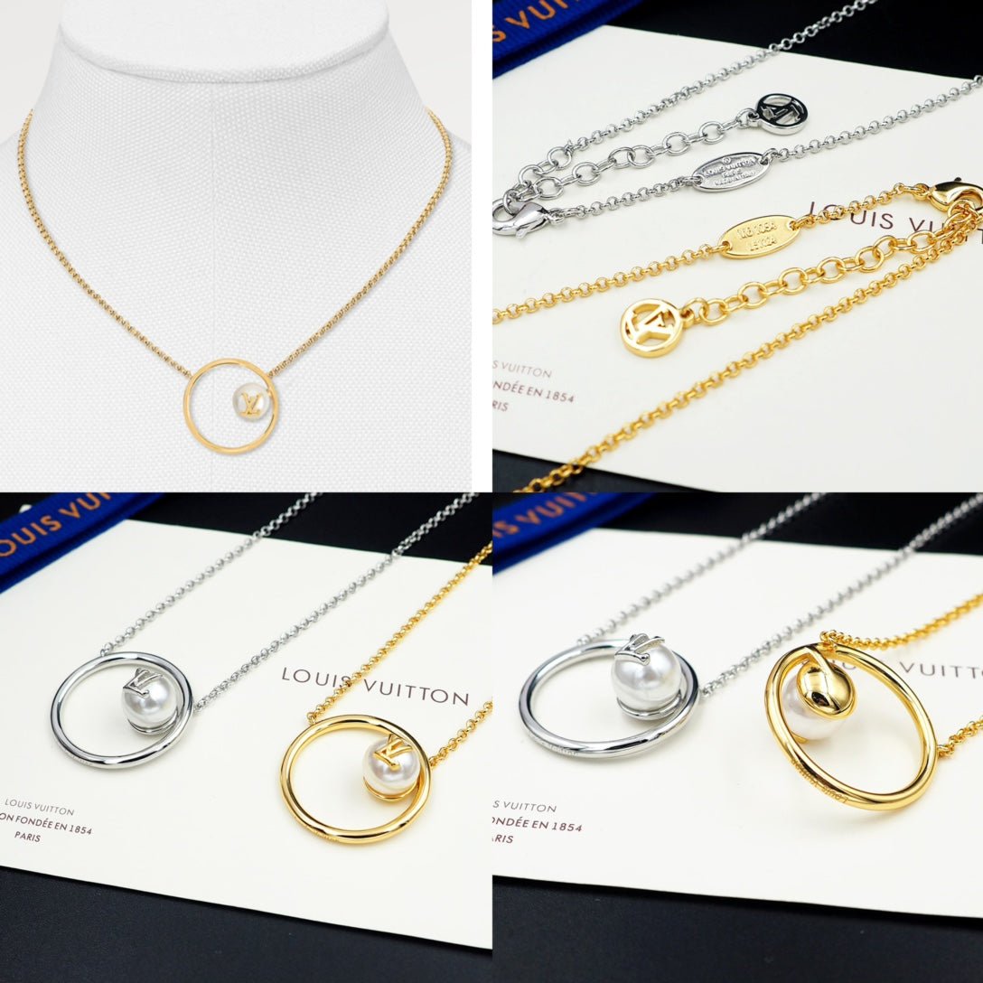 LV Gold Circle Pearl LV Logo Necklace - Image 13