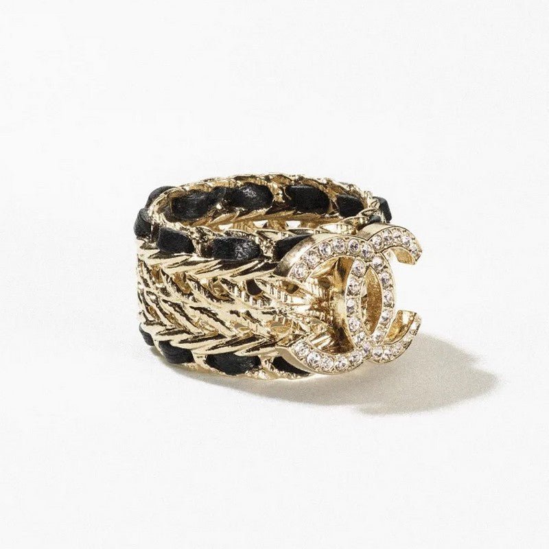 Chanel Gold Leather Weave Crystal CC Wide Ring