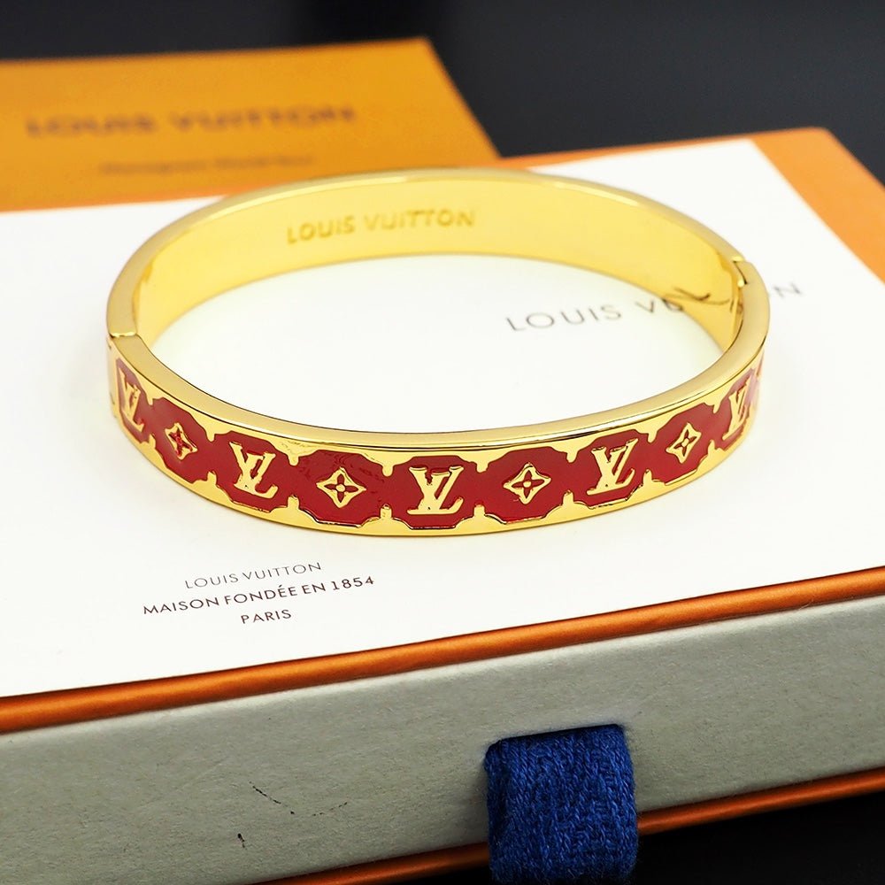 LV Gloss Gold Red Enamel Cuff Bangle - Image 6