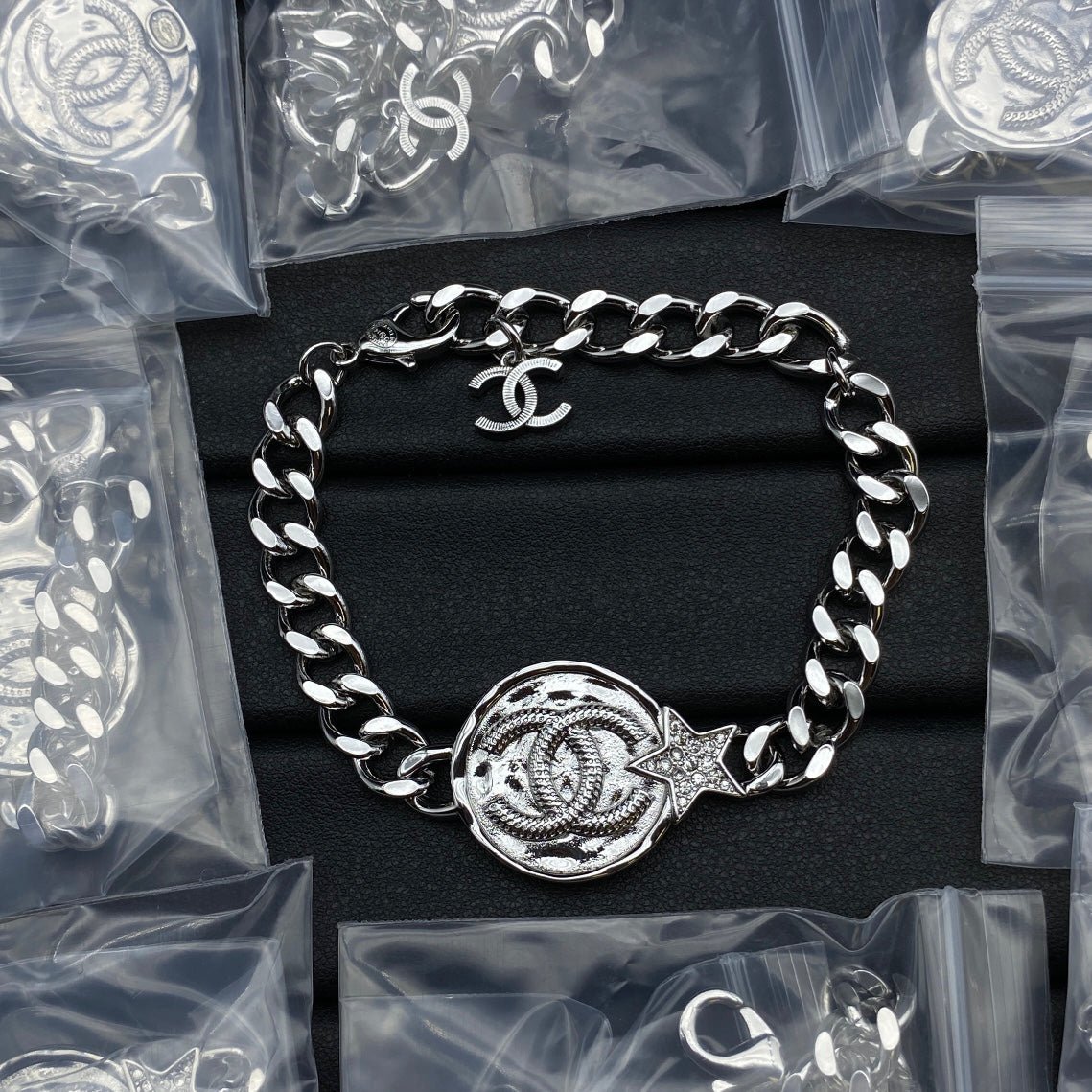 Chanel Silver Thick Curb Chain Round CC Bracelet