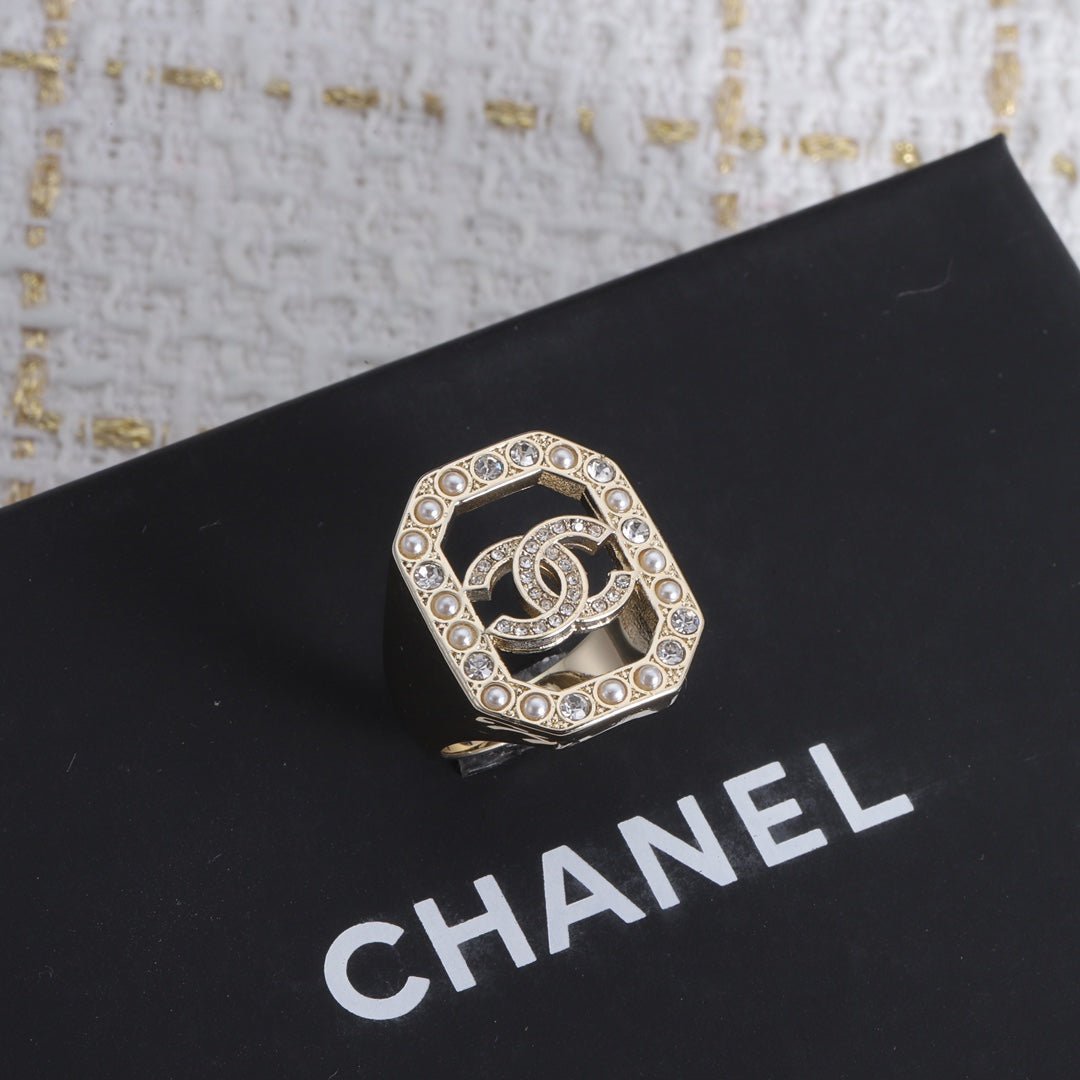Alternative view of Chanel Gold Hexagon Frame Crystal CC Signet Ring