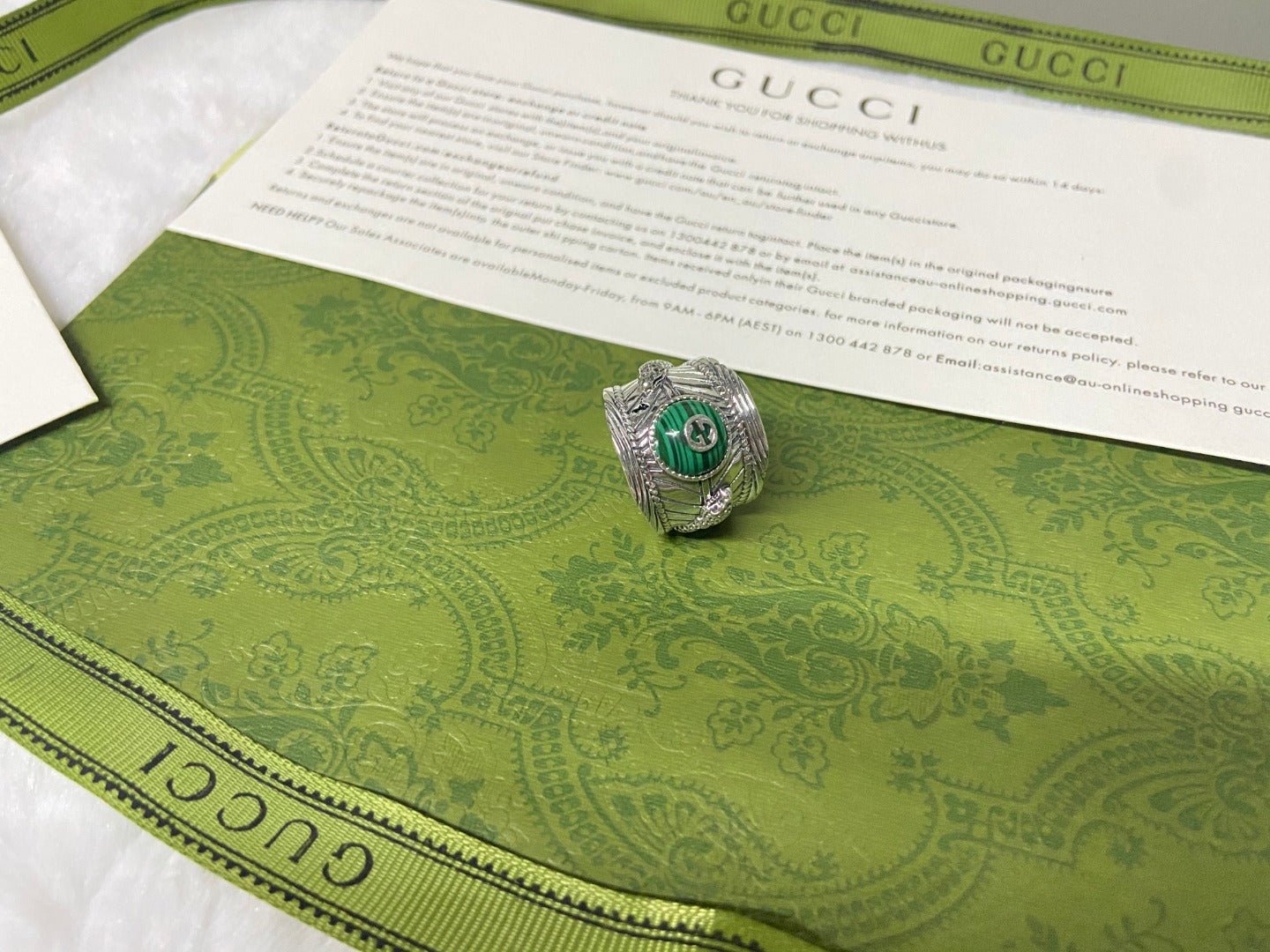 GUCCI Malachite Inlaid Twist Silver Ring - Image 7