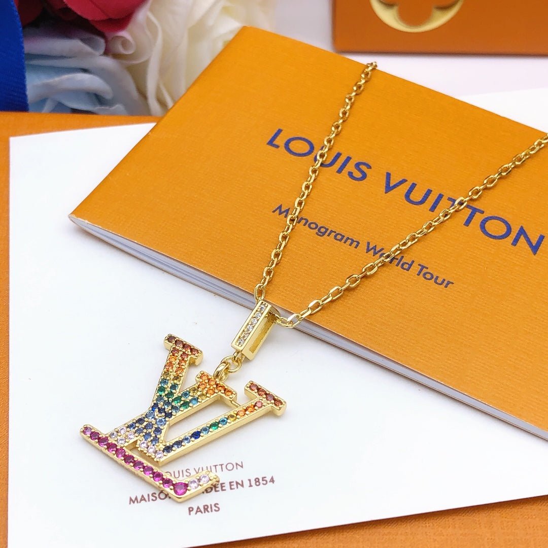 LV Gold Rainbow Zircon LV Logo Necklace - Image 5