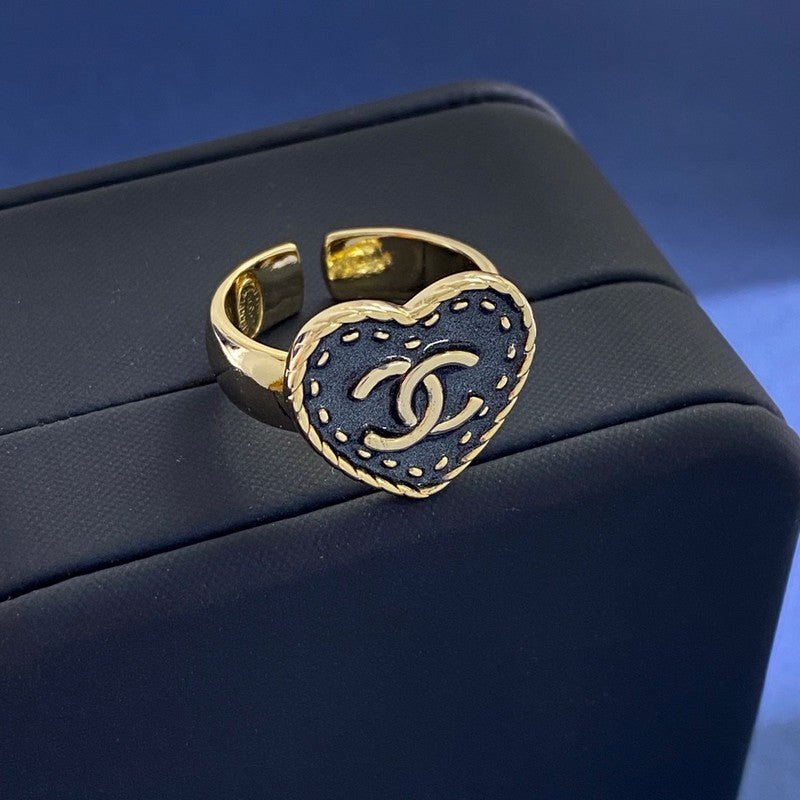 Chanel Gold Stitched Dark Enamel Heart CC Open Ring