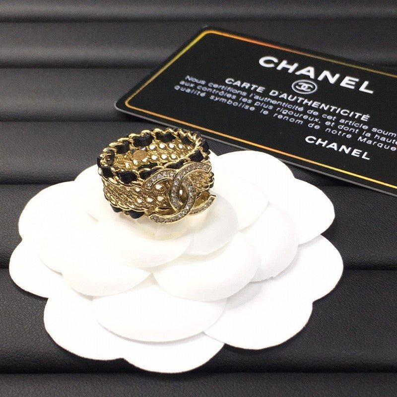 Alternative view of Chanel Gold Leather Weave Crystal CC Wide Ring