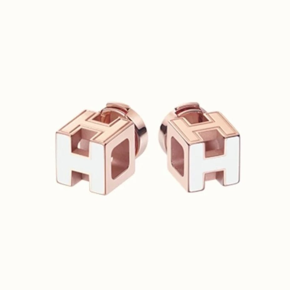 Hermès Rose Gold White Enamel Cube H Earrings