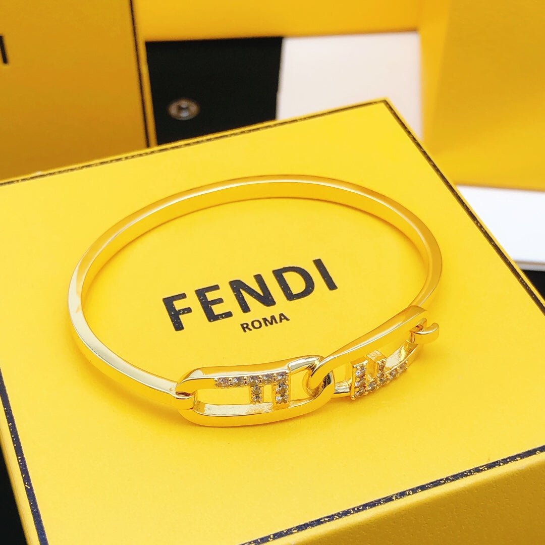 FENDI Diamond-Engraved Metal Logo Open Bracelet