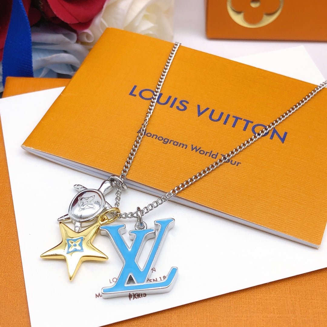 LV Silver Blue Enamel LV Star Necklace - Image 3