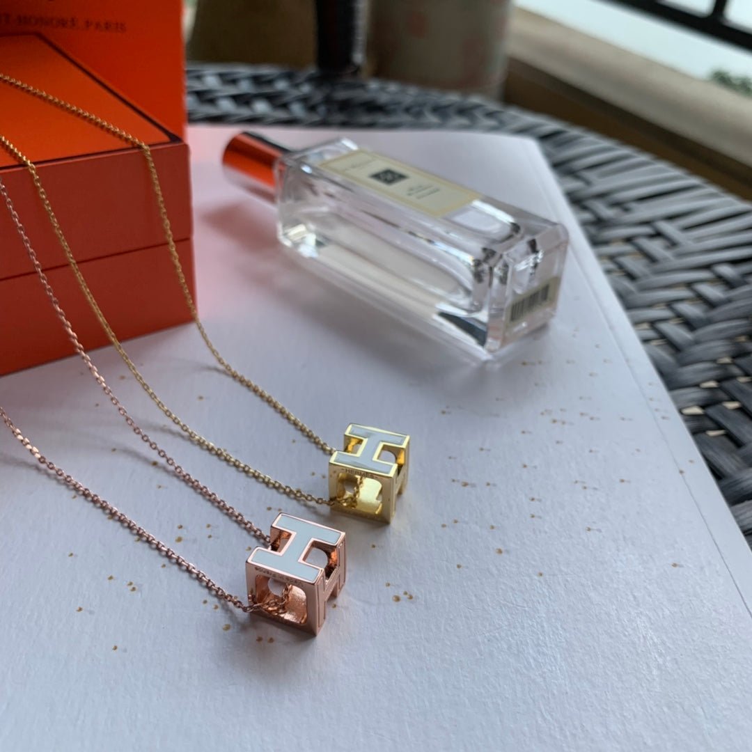 Hermès White Enamel Gold Cube H Necklace - Image 10