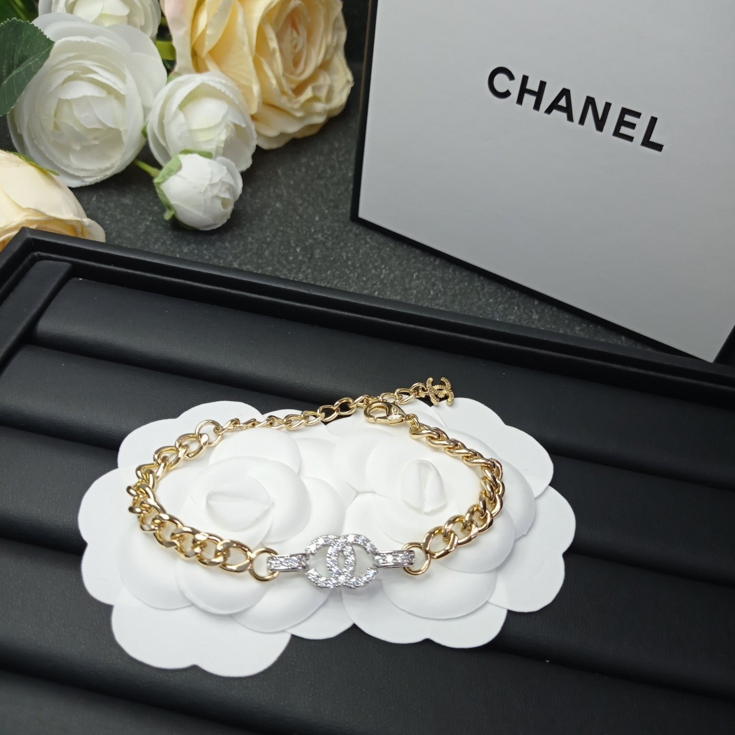 Chanel Gold Thick Curb Crystal CC Bracelet - Image 3