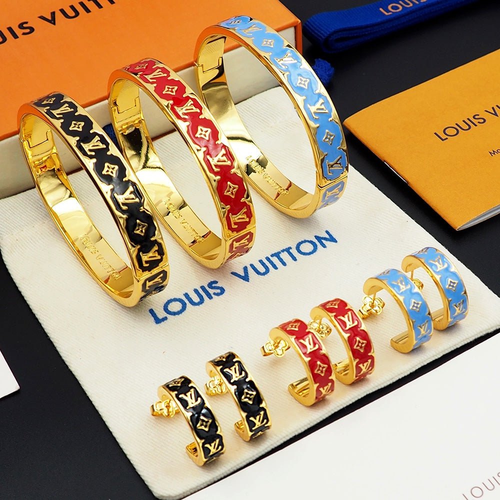 LV Gloss Gold Red Enamel Cuff Bangle - Image 7