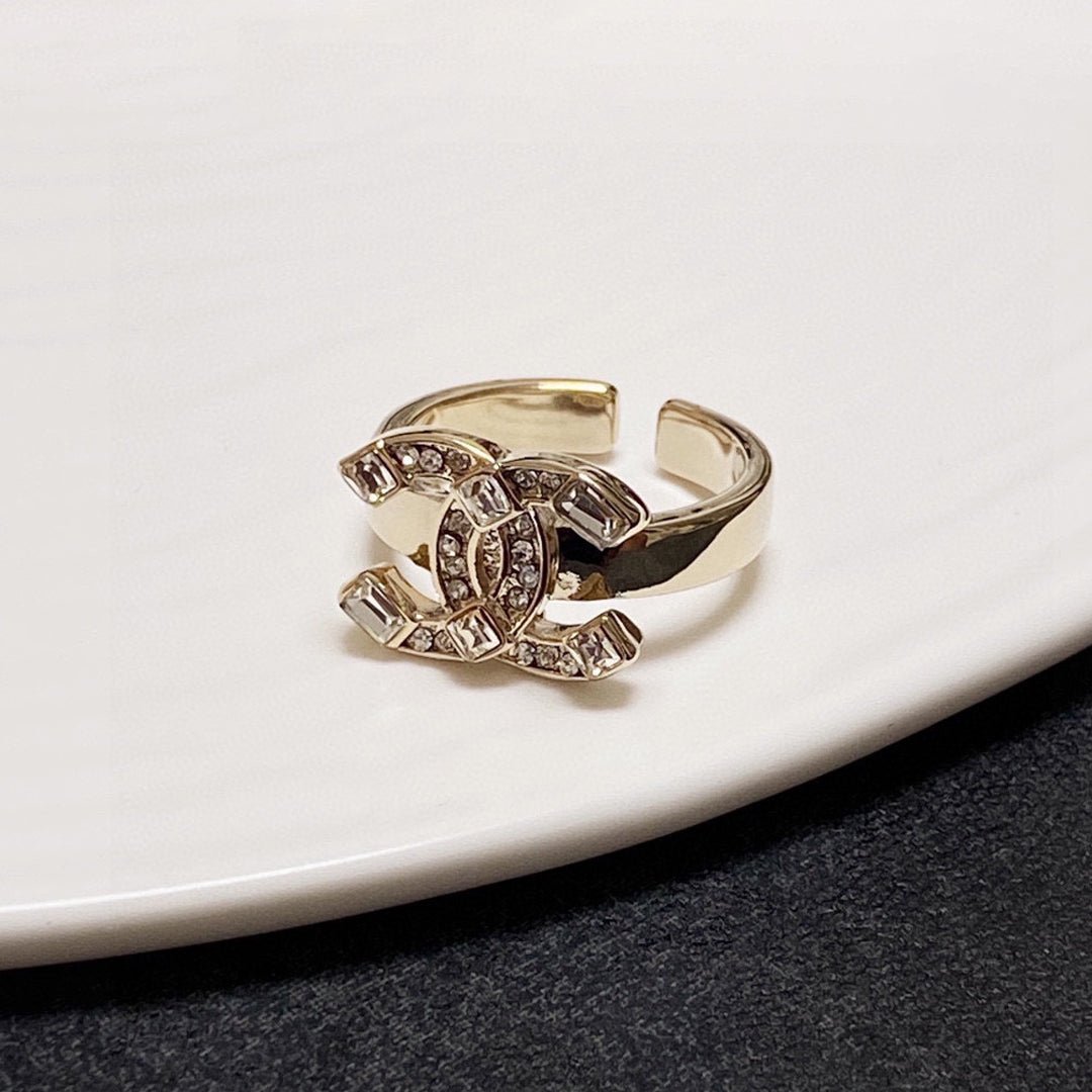 Chanel Gold Multi-Cut Crystal CC Open Adjustable Ring