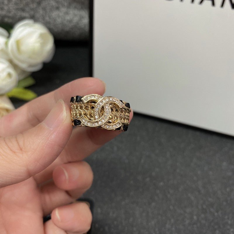 Chanel Gold Leather Weave Crystal CC Wide Ring - Image 3