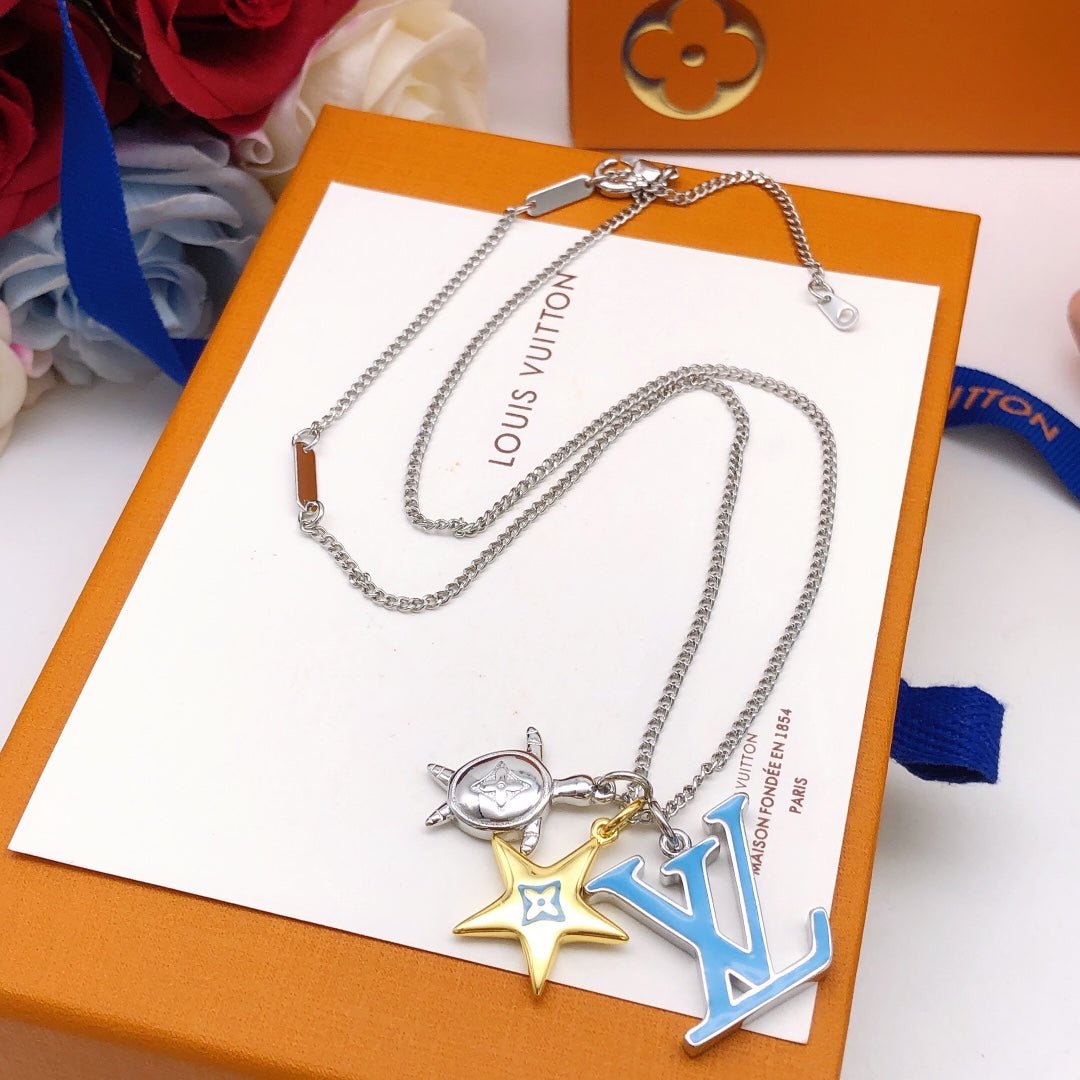 LV Silver Blue Enamel LV Star Necklace - Image 4