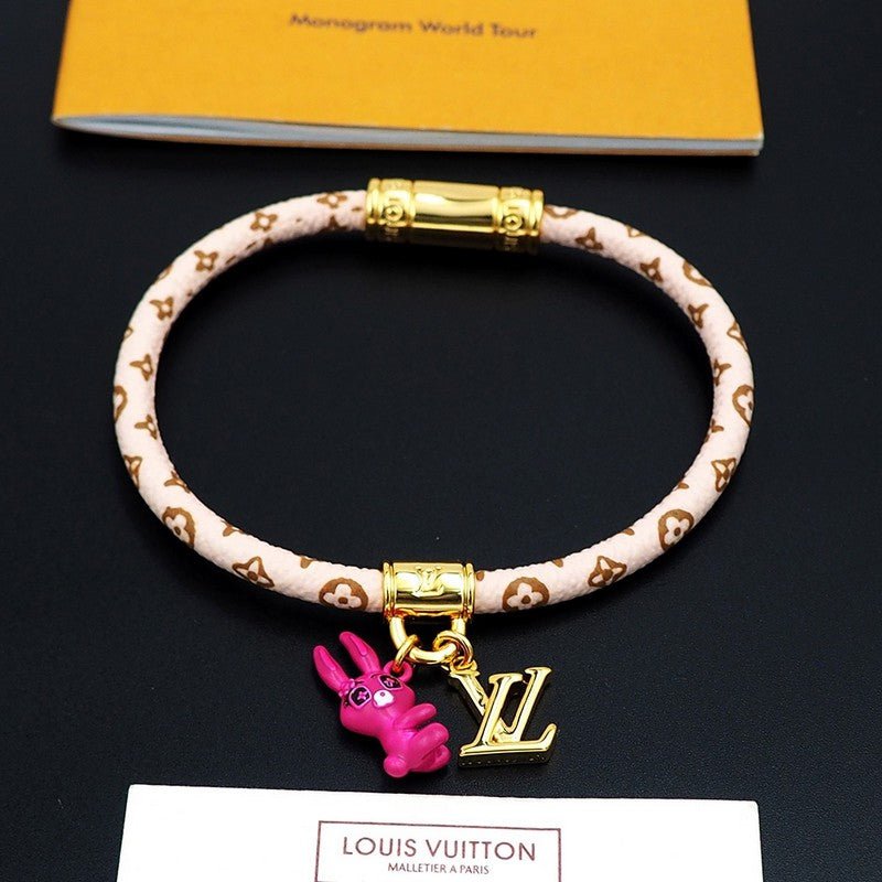 LV Black White Leather Gold Charm Bracelet - Image 12