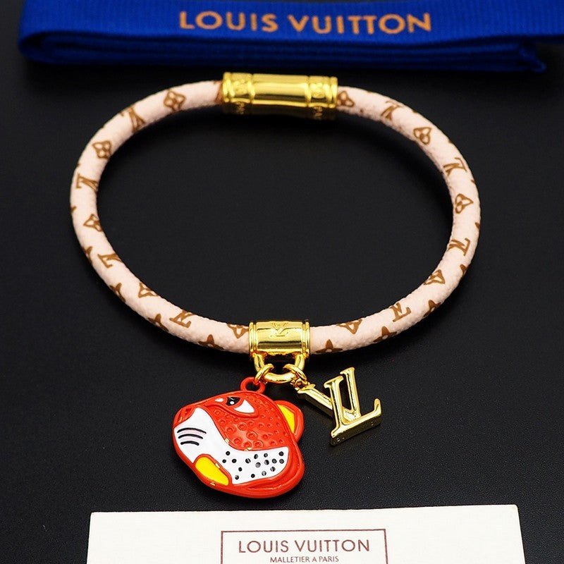 LV Black White Leather Gold Charm Bracelet - Image 15