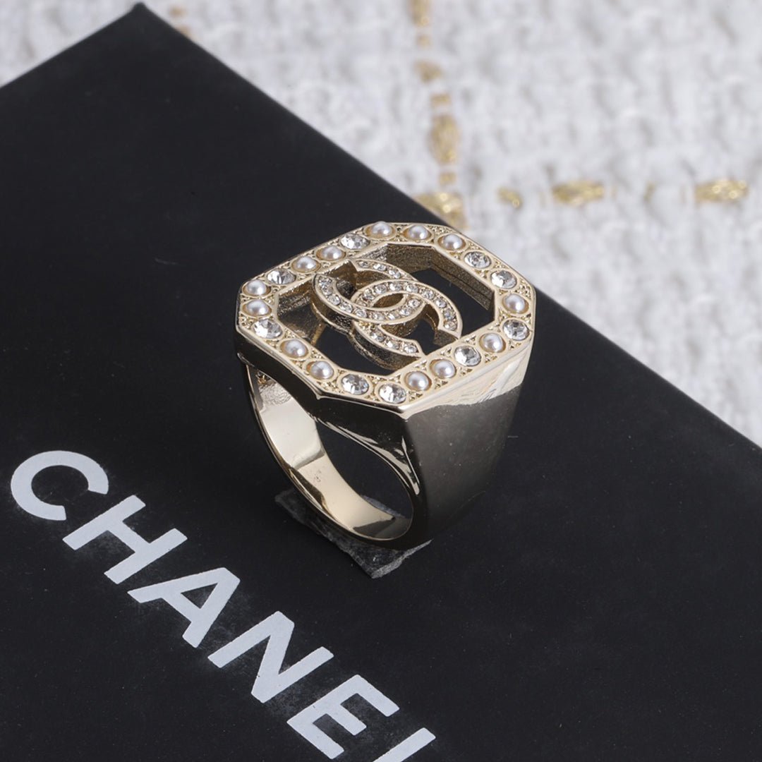 Chanel Gold Hexagon Frame Crystal CC Signet Ring