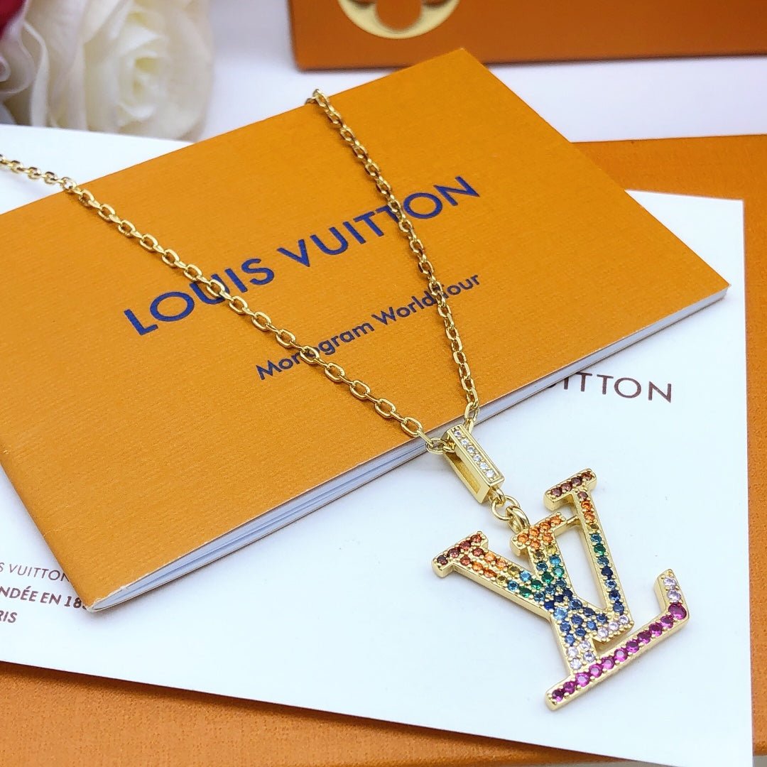 LV Gold Rainbow Zircon LV Logo Necklace - Image 7