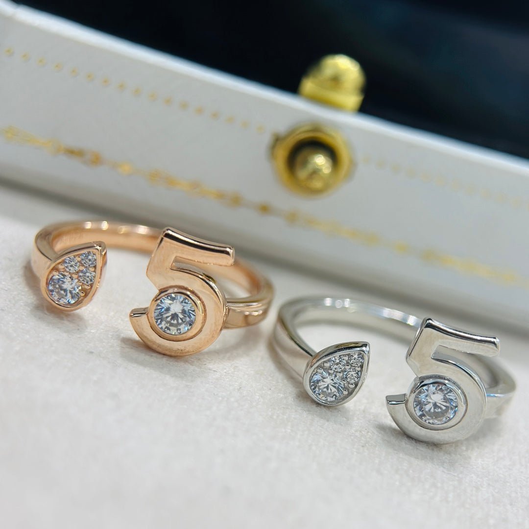 Chanel Two-Tone Metal No.5 Crystal Open Ring Pair