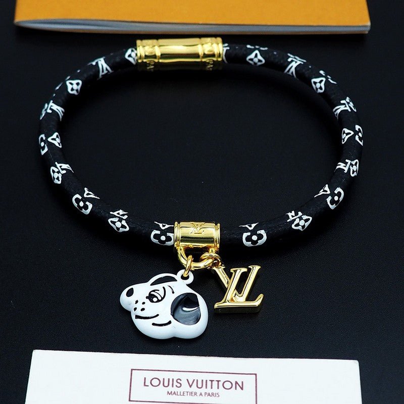 LV Black White Leather Gold Charm Bracelet - Image 7
