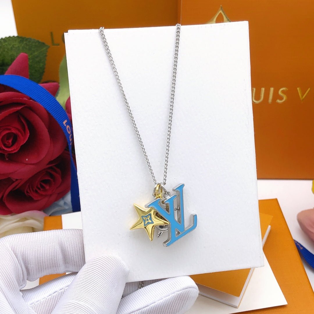 LV Silver Blue Enamel LV Star Necklace - Image 5