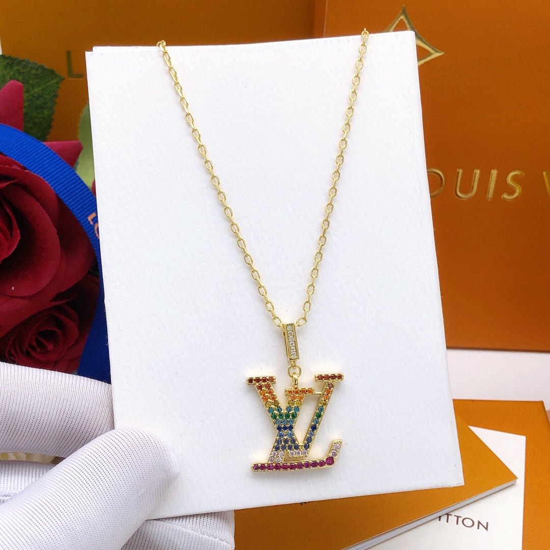 LV Gold Rainbow Zircon LV Logo Necklace - Image 8
