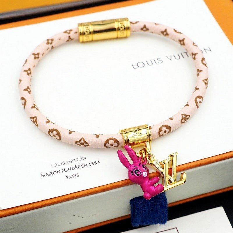 LV Black White Leather Gold Charm Bracelet - Image 13