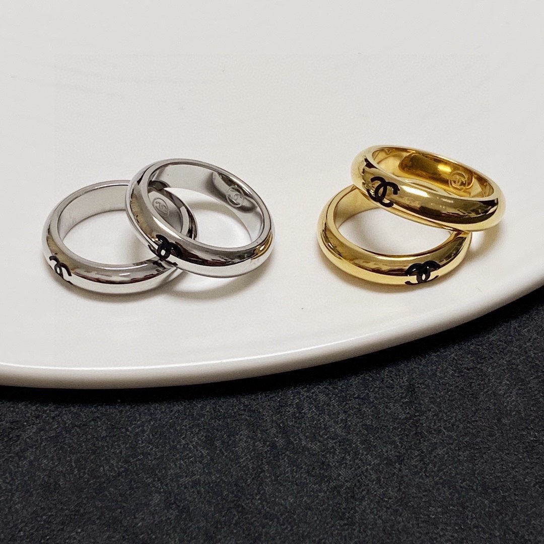 Chanel Two-Tone Thin Engraved CC Stack Ring Set