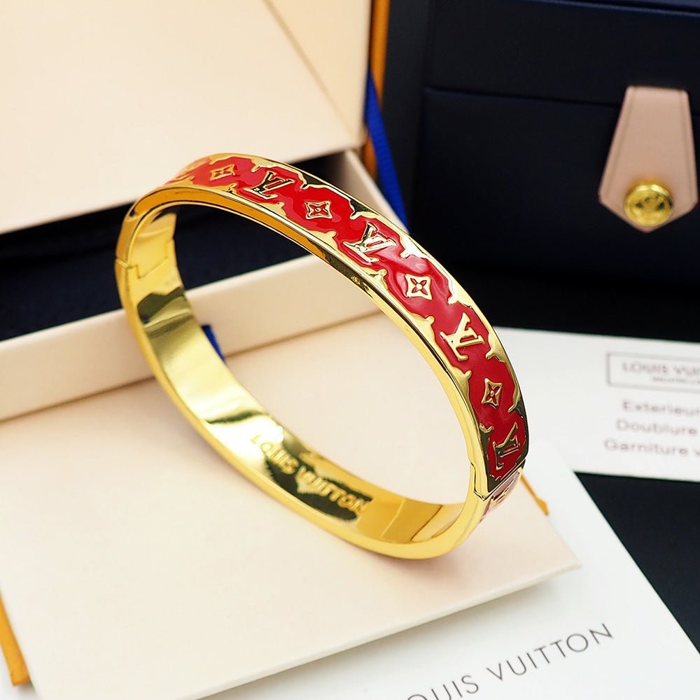 LV Gloss Gold Red Enamel Cuff Bangle - Image 9