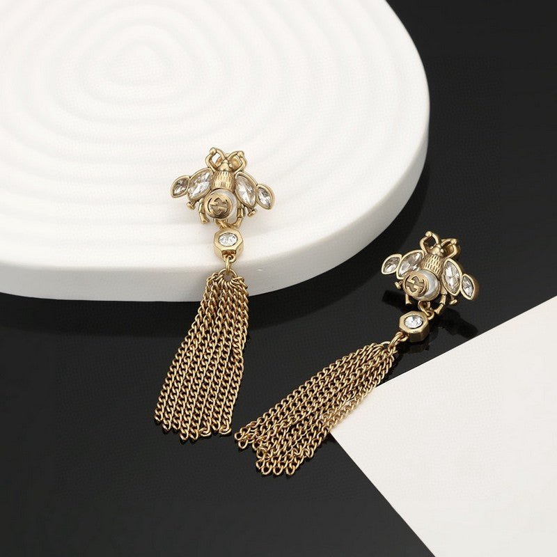 18K Double Gucci Bee Tassel Crystal Earrings - Image 5