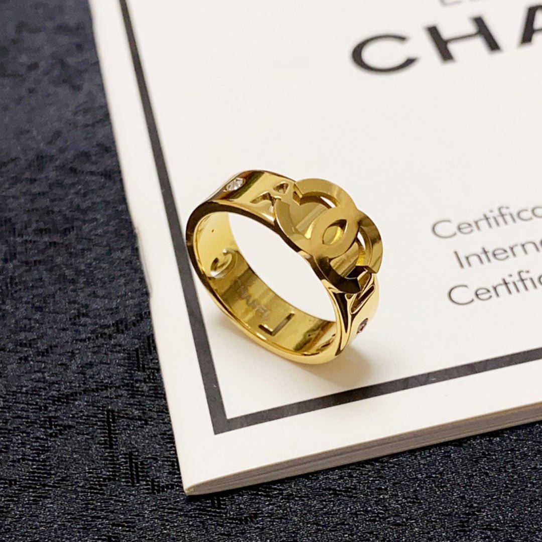 Chanel Gold Hollow Interlock CC Wide Band Ring