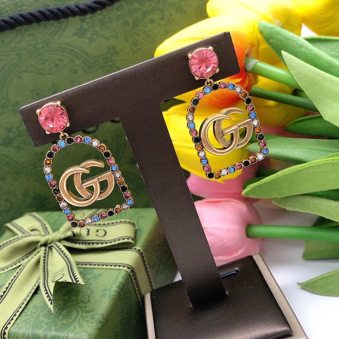 GUCCI Color Crystal Frame Drop Earrings - Image 5