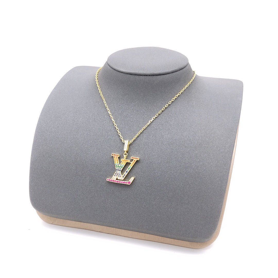 LV Gold Rainbow Zircon LV Logo Necklace - Image 4