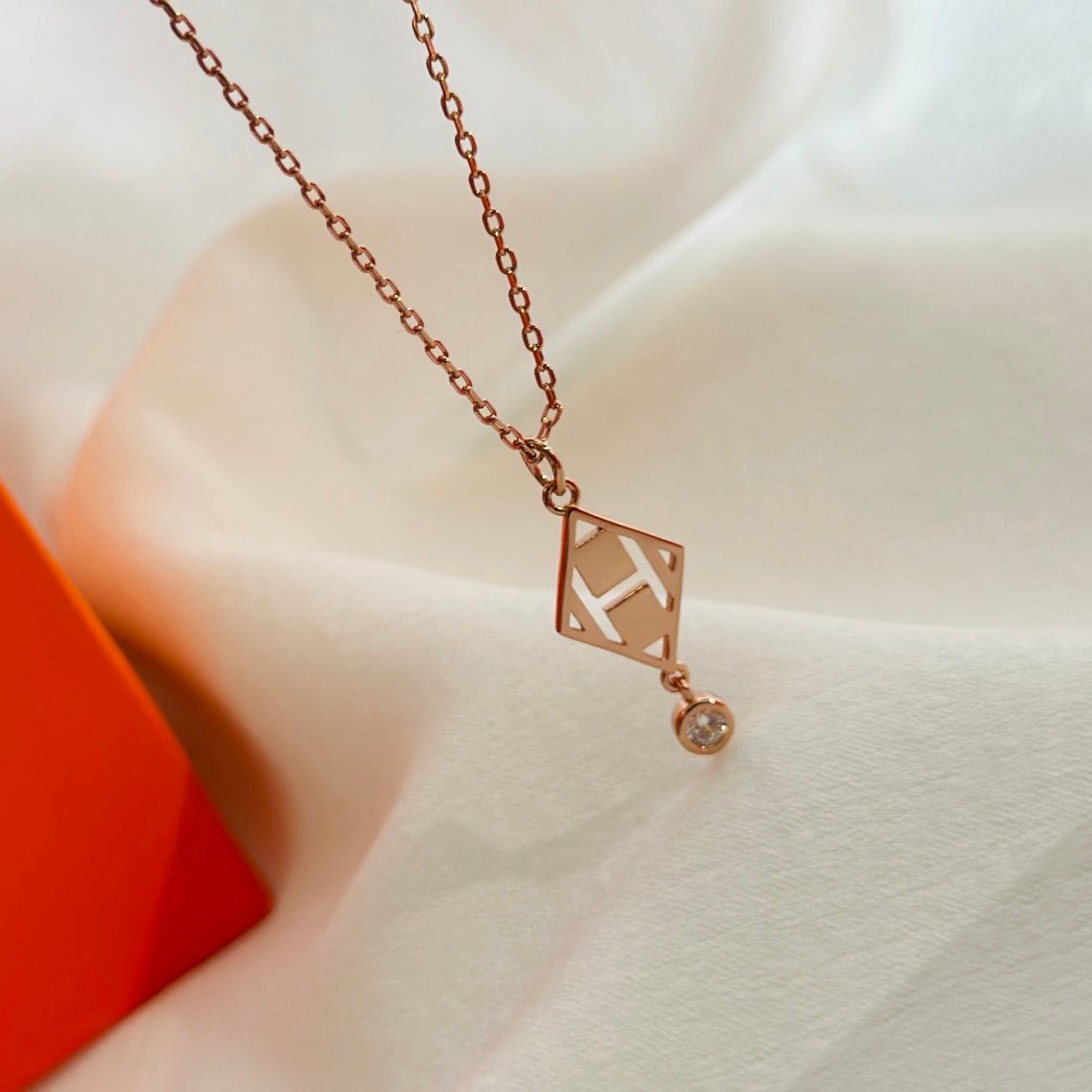Hermès Diamond Rose Gold Plated H Necklace - Image 13
