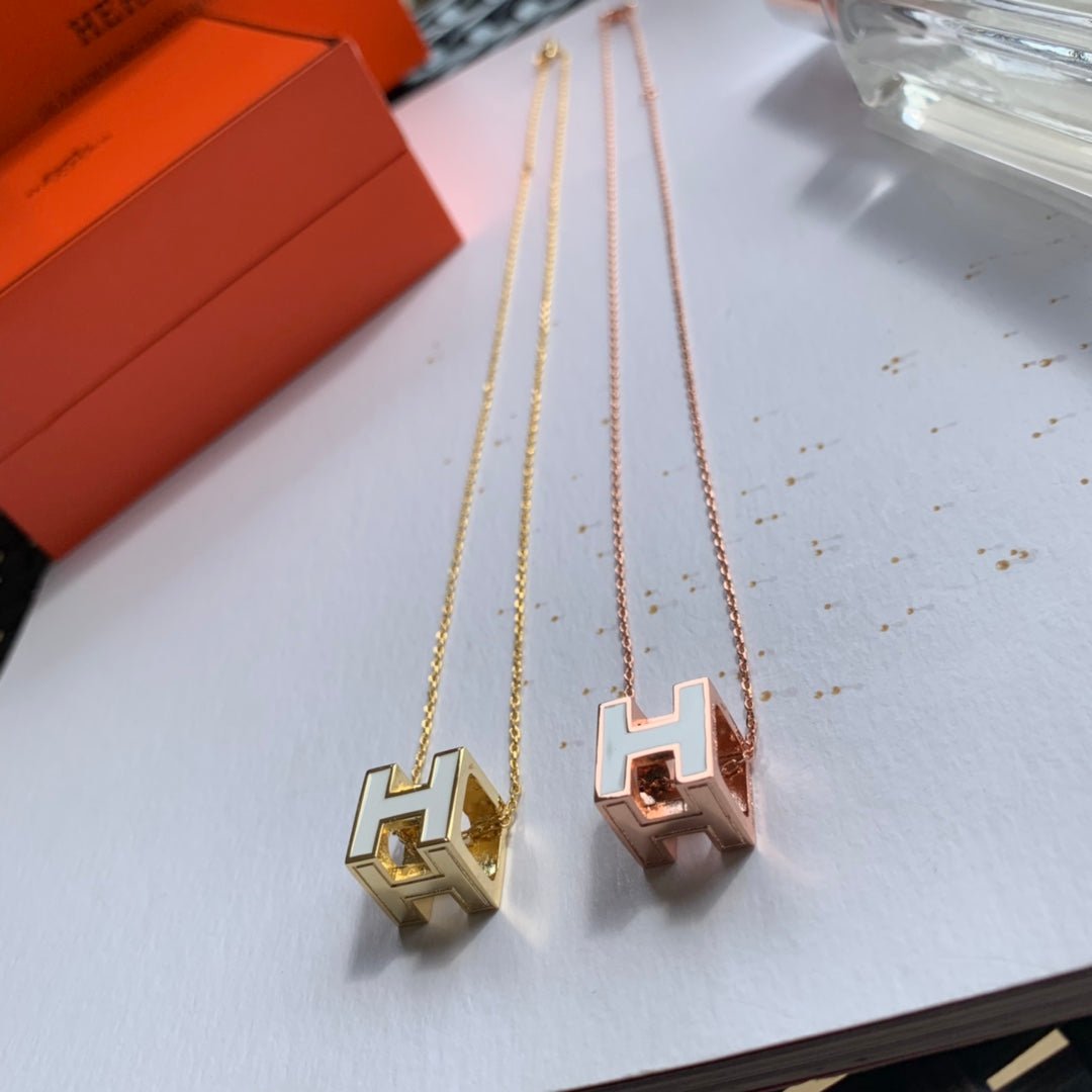 Hermès White Enamel Gold Cube H Necklace - Image 9