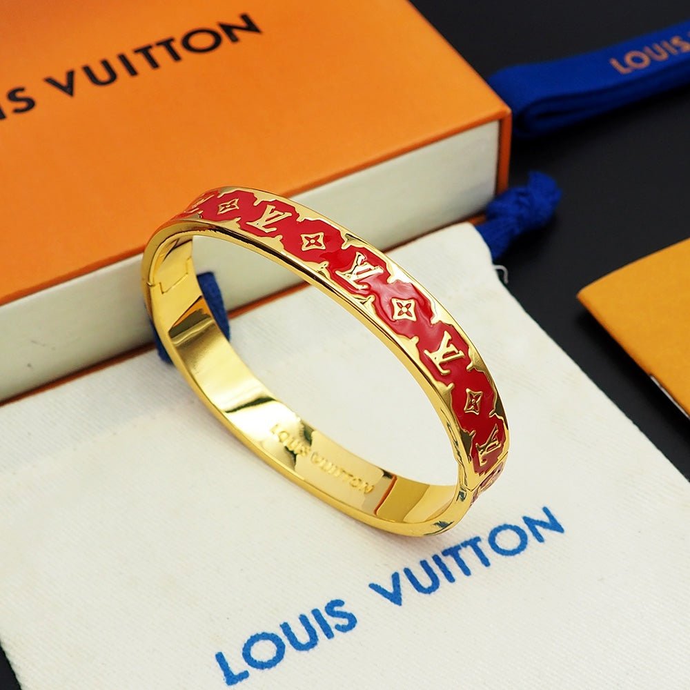 LV Gloss Gold Red Enamel Cuff Bangle - Image 10