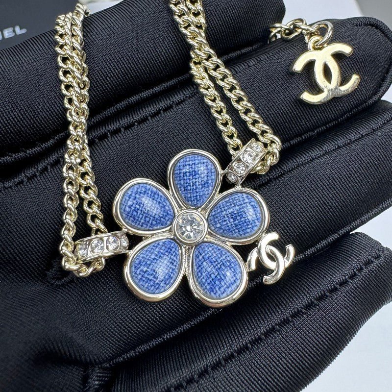 Alternative view of Chanel Gold Blue Enamel Flower Double Chain Necklace