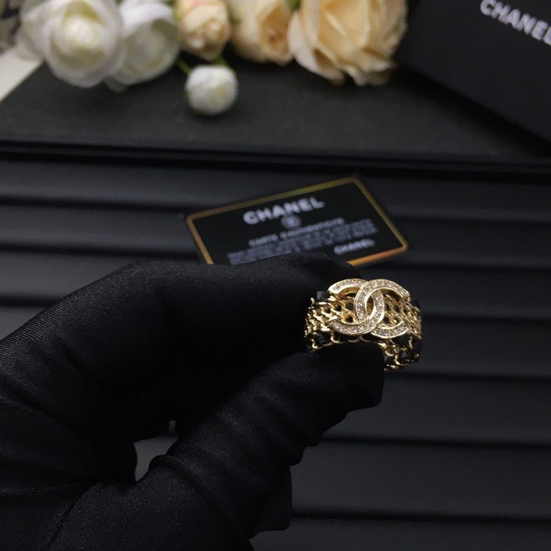 Chanel Gold Leather Weave Crystal CC Wide Ring - Image 5