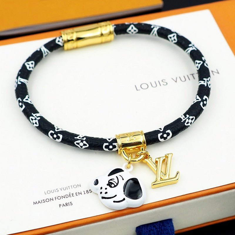 LV Black White Leather Gold Charm Bracelet - Image 9