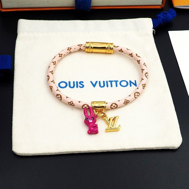LV Black White Leather Gold Charm Bracelet - Image 11