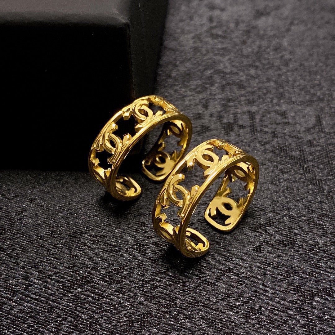 Chanel Gold Hollow Floral CC Open Cuff Earrings Pair
