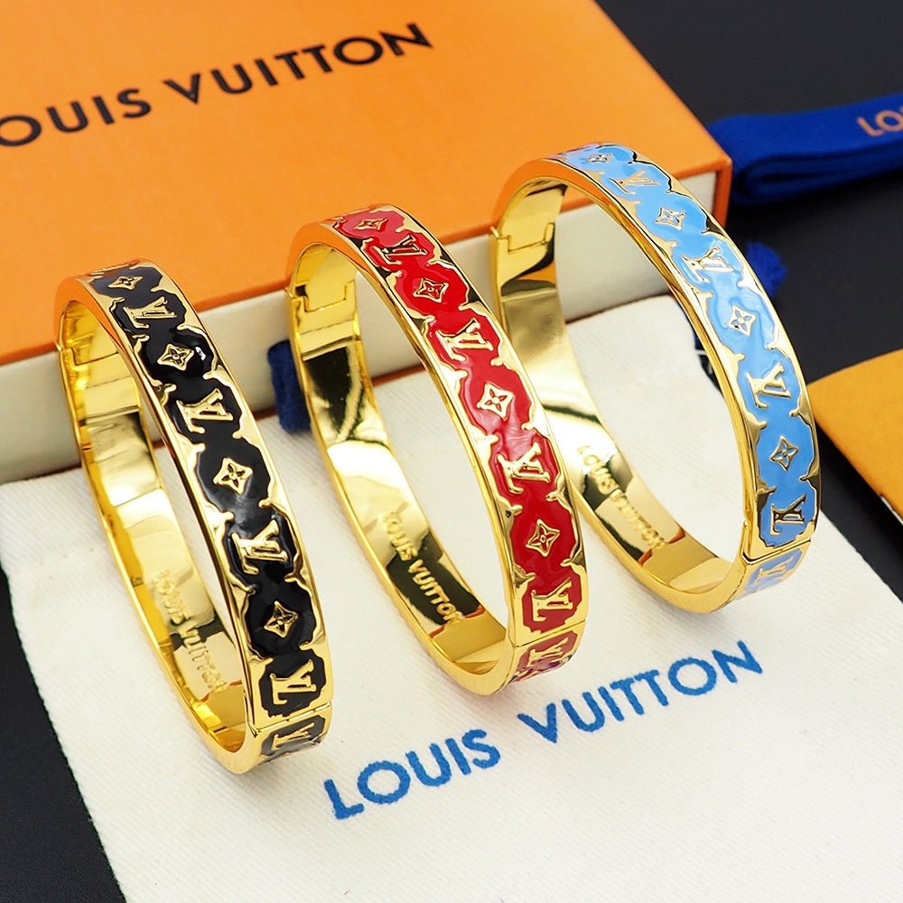 LV Gloss Gold Red Enamel Cuff Bangle - Image 3