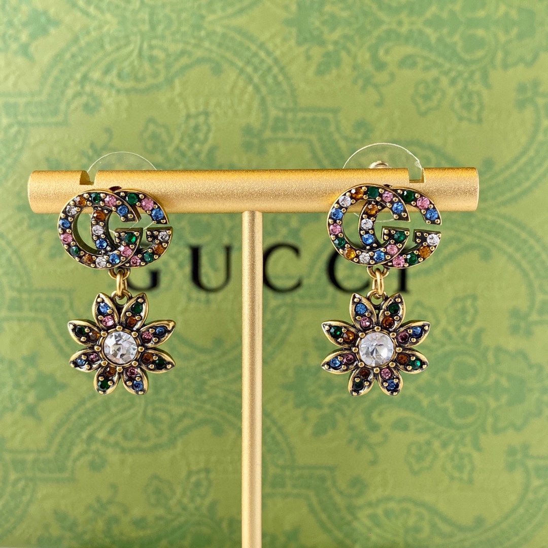GUCCI Multicolor Crystal Floral Drop Earrings - Image 4