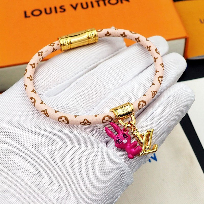 LV Black White Leather Gold Charm Bracelet - Image 14